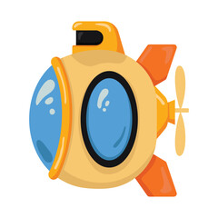 Bright bathyscaphe. Cute yellow submarine in cartoon style. Underwater transport. Vector illustration.