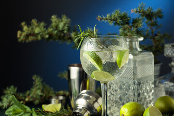 Cocktail gin and tonic with ice and lime slices.