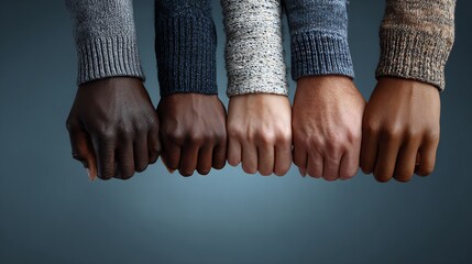 Racial equality multiethnic group holding hands unity diversity and inclusion African Asian Caucasian Hispanic people standing together solidarity concept clean background soft daylight
