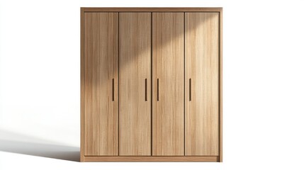 A light wooden wardrobe with four doors and handles against white background