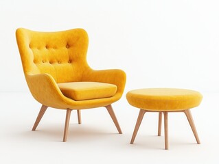 A yellow upholstered armchair and ottoman set against a white background