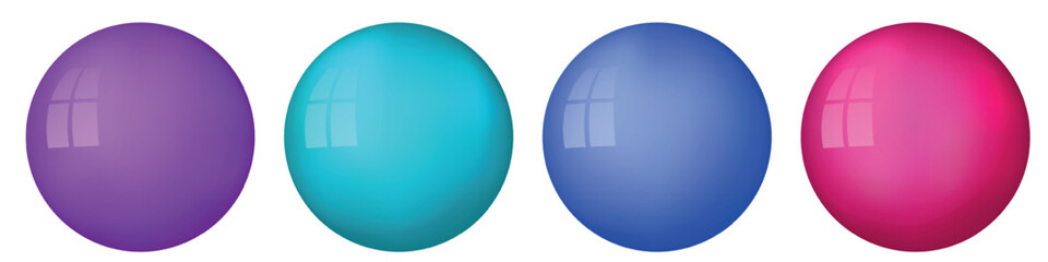 Set with glass colorful balls. Glossy realistic ball, 3D abstract vector illustration highlighted on a white background. Big metal bubble with shadow.