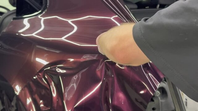A specialist in wrapping a car with chameleon-colored red vinyl film in the process of work. Car wrapping close-up. A wrapping specialist applies a polyurethane film to the body car. Wrapping car. 