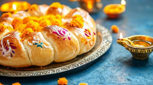 Decorated bread loaf with marigold flowers on a silver plate for Dia de los Muertos. Traditional Mexican food during Day of the Dead celebration. Festive ritual footage.