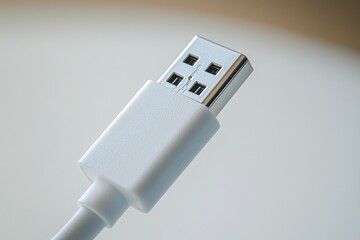 Close up shot of a white usb connector on a white surface in soft light