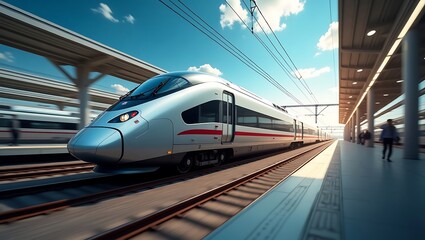 Naklejka premium Sleek Silver High-Speed Train at Modern Railway Station