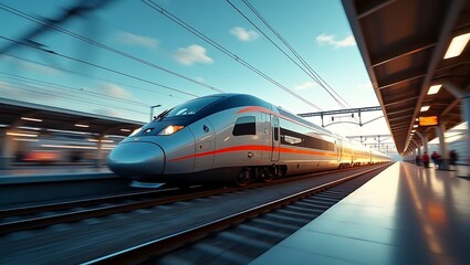 Fototapeta premium Sleek Silver High-Speed Train at Modern Railway Station