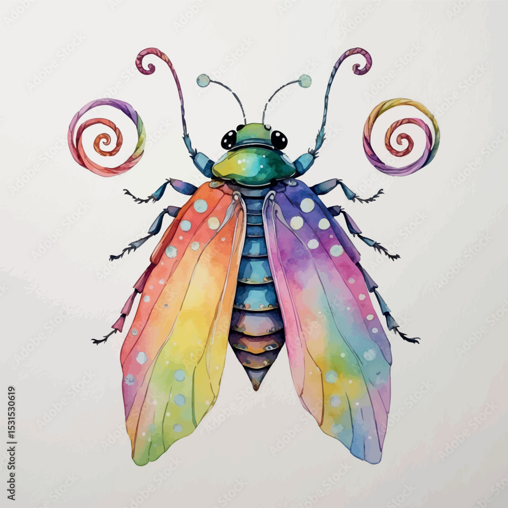 Poster flutterbug vector. whimsical fantasy insect with spiral shapes and soft pastel colors.