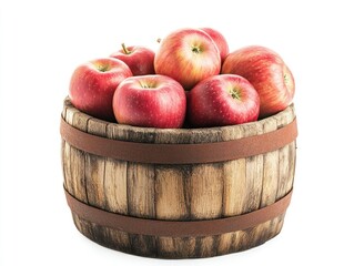 Red apples overflowing from a rustic wooden barrel on a white background