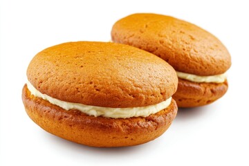 Two golden whoopie pies with white cream filling on a white background