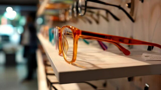 Row of colorful eyeglasses on a white shelf in an optical store. Eyewear fashion and vision concept for eye care and ophthalmology footage.