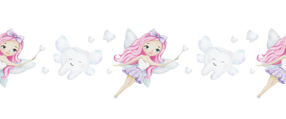 Cute Tooth Fairy with wings, magical wand and teeth. Hand drawn watercolor baby seamless border of kids milk teeth for pediatric dentistry, National Tooth Fairy Day, wrapping