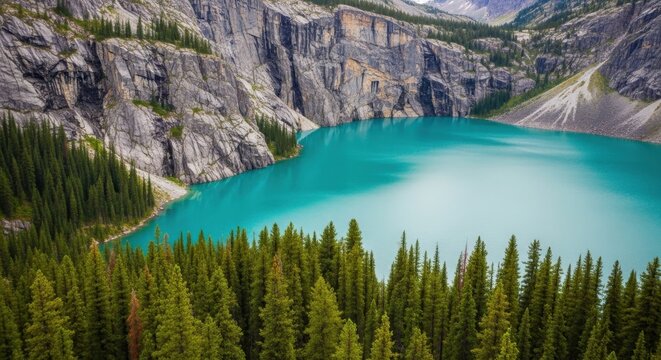 Scenic mountain lake with turquoise waters surrounded by evergreen forest and rocky cliffs