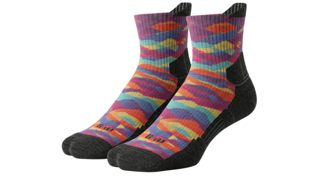 Colorful socks with mountain horizon pattern bring a touch of adventure to your everyday wear on transparent background