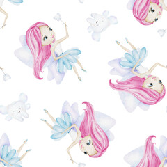 Tooth Fairy girl character with wings, magical wand and teeth. Hand drawn watercolor baby seamless surface pattern design. Print for pediatric dentistry, National Tooth Fairy Day, wrapping
