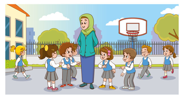 At school, the teacher and cute students are chatting. The students are asking their teachers questions.