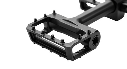 A close up of a durable black mountain bike pedal ready for a rugged ride rendered on a simple on transparent background