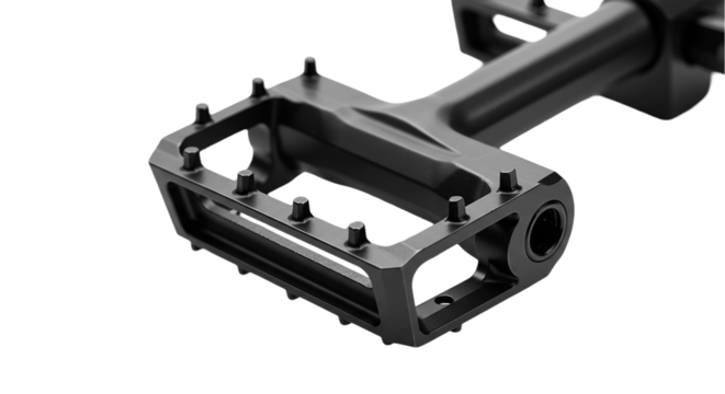 A close up of a durable black mountain bike pedal ready for a rugged ride rendered on a simple on transparent background