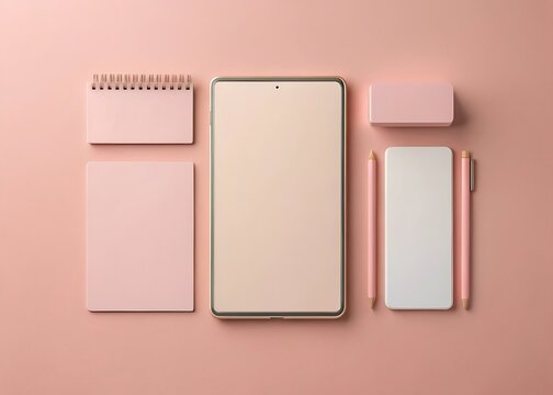Digital Devices and Stationary Essentials: A minimalist flat lay of an array of digital tablets, and stationary, perfectly arranged on a light pink surface.