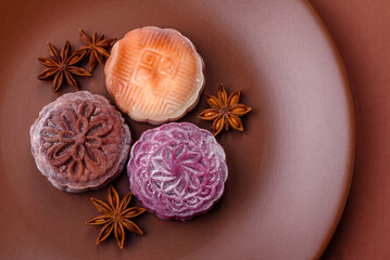 Chinese mooncake is an Asian sweet dessert. Asian mooncake as a background for your design