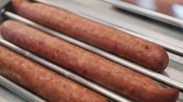 Street fast food hot dog delicious grilled sausages cooking roller machine