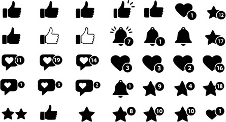Obraz premium social media interaction icon set, shows thumbs up, thumbs down, hearts, notification bells, and stars in various styles. Perfect for web design, social media, UI elements, and app notifications