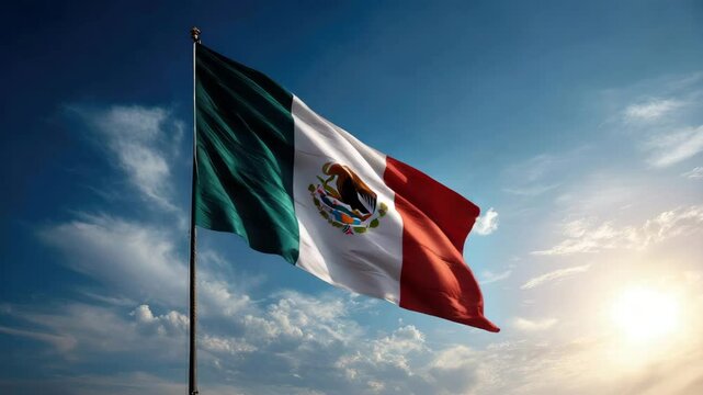 Mexican flag waves against sunlit blue sky. Rich colors of green, white, red symbolize national Mexica pride. Eagle emblem represents strength and heritage. Mexico's identity and culture.