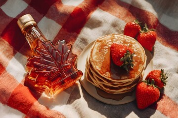 Top view of a Canada Day picnic featuring pancakes topped with strawberries and maple syrup in a maple leaf-shaped bottle. Canadian Thanksgiving.