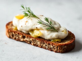 Gourmet Toast Delights: A delectable open-faced sandwich features a perfect symphony of creamy textures and fresh flavors with meticulous care.