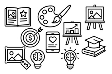 Artist Goals Icons. Line style icons of artist goals: portfolio growth, skill upgrade, commission goal, exhibition planning,