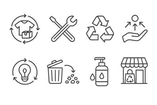 Circular Economy Icons. Line style icons of circular economy: product lifecycle, repair icon, recycle loop, sharing economy,