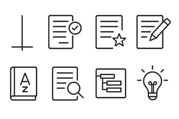 AI Writing Tool Icons. Line style icons of AI writing assistants: text cursor, grammar check, style suggestion, text generation,