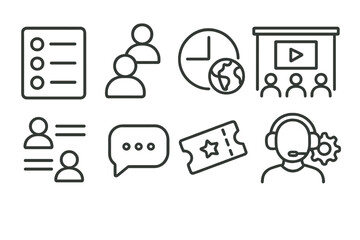 Virtual Event Icons. Line style icons of virtual event logistics: agenda, speaker lineup, time zone clock, session rooms, attendee