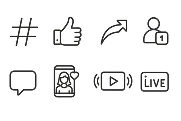 Social Media Icons. Line style icons for social media marketing: hashtag, like button, share arrow, follower count, comment bubble