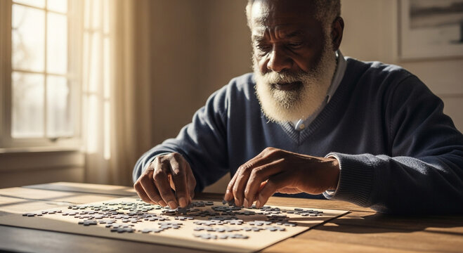 Serene Pursuit: A close-up portrayal of an elderly individual engrossed in the mindful art of assembling a jigsaw puzzle, bathed in the gentle light filtering through the window.