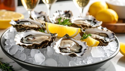 Fresh Oysters on Ice with Lemon Wedges. Food Macro Shot