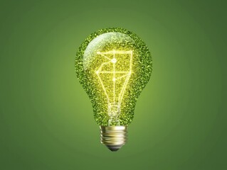 A glowing lightbulb, seemingly made of green sparkles, sits against a solid green background.  The filament is visible