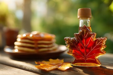 Maple syrup in a leaf-shaped bottle next to a stack of pancakes on a wooden table. Autumn leaves are scattered around. Ideal for Canada Day celebrations.