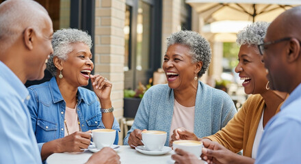 Golden Years Gathering: A radiant group of senior friends enjoying coffee together, sharing stories, laughter, and cherishing the bonds of friendship and life's simple pleasures.