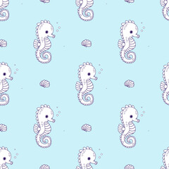 Sea Seamless Pattern. Outline Cute Seahorse on light blue Background. Vector Illustration. Kids collection. Line drawing