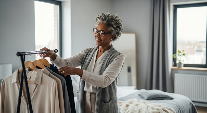 Choosing Ensemble: A composed elder person considers and chooses clothing from a curated closet in a bright, homely atmosphere, finding style and satisfaction in preparation.