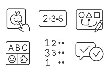 Children's Learning Icons. Line style icons of children’s learning: interactive flashcard, basic math game, color shape match,