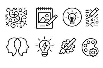 Creativity Icons Collection. Line style icons of creativity: design chaos icon, organized sketch, balanced creativity, innovation
