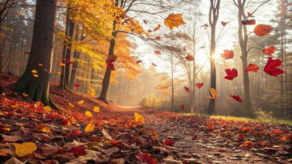  Autumn leaves falling in a sunlit forest path, autumn, leaves, forest