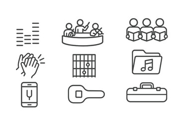 Music Icons Collection. Line style icons of music and instruments: sound levels, orchestra pit, choir group, hand clap icon,