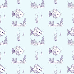 Sea Seamless Pattern. Outline Cute Fish Swimming with algae and seabed on light blue Background. Vector Illustration. Line drawing. Kids collection