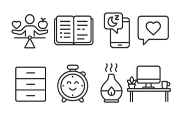 Minimalistic Lifestyle Icons. Line style icons of lifestyle: balanced lifestyle icon, planner open page, sleep reminder icon,