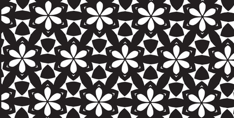 floral geometric pattern. Tileable, repeating black and white background. Texture vector.