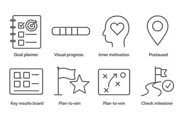 Line Style Goal Icons. Line style icons of goals: goal planner notebook, visual progress bar, inner motivation icon, destination