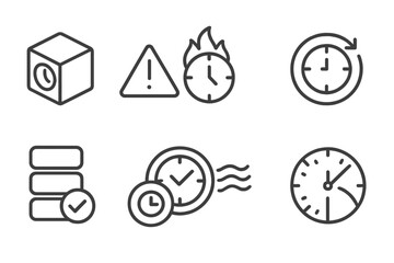 Time Management Icons. Line style icons of time management: time cube, task urgency icon, evening planner, auto time sync, session
